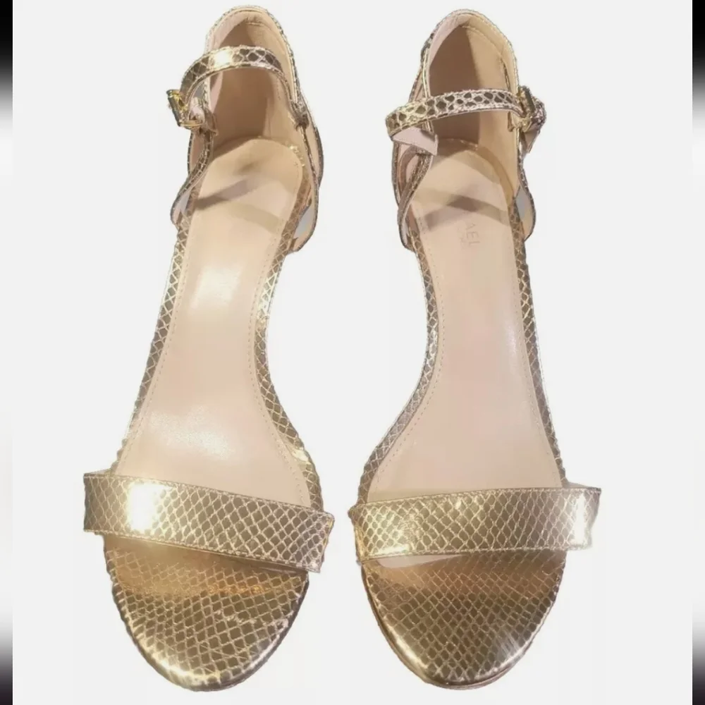 NWB MICHAEL KORS Gold Snake Print Leather Ankle Strap Sandals